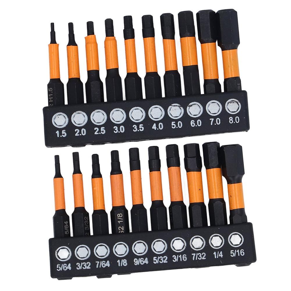 20 PCS Metric and SAE Impact Hex Bit Set S2 Alloy Steel 2 Inch Long Hex Head Allen Wrench Set CNC Machined Tips