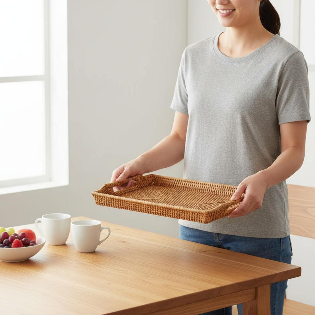 Woven Rattan Tray with Handles Rustic Design Rectangular Rattan Tray Rectangular Wicker Platter Food Safe Home Decor