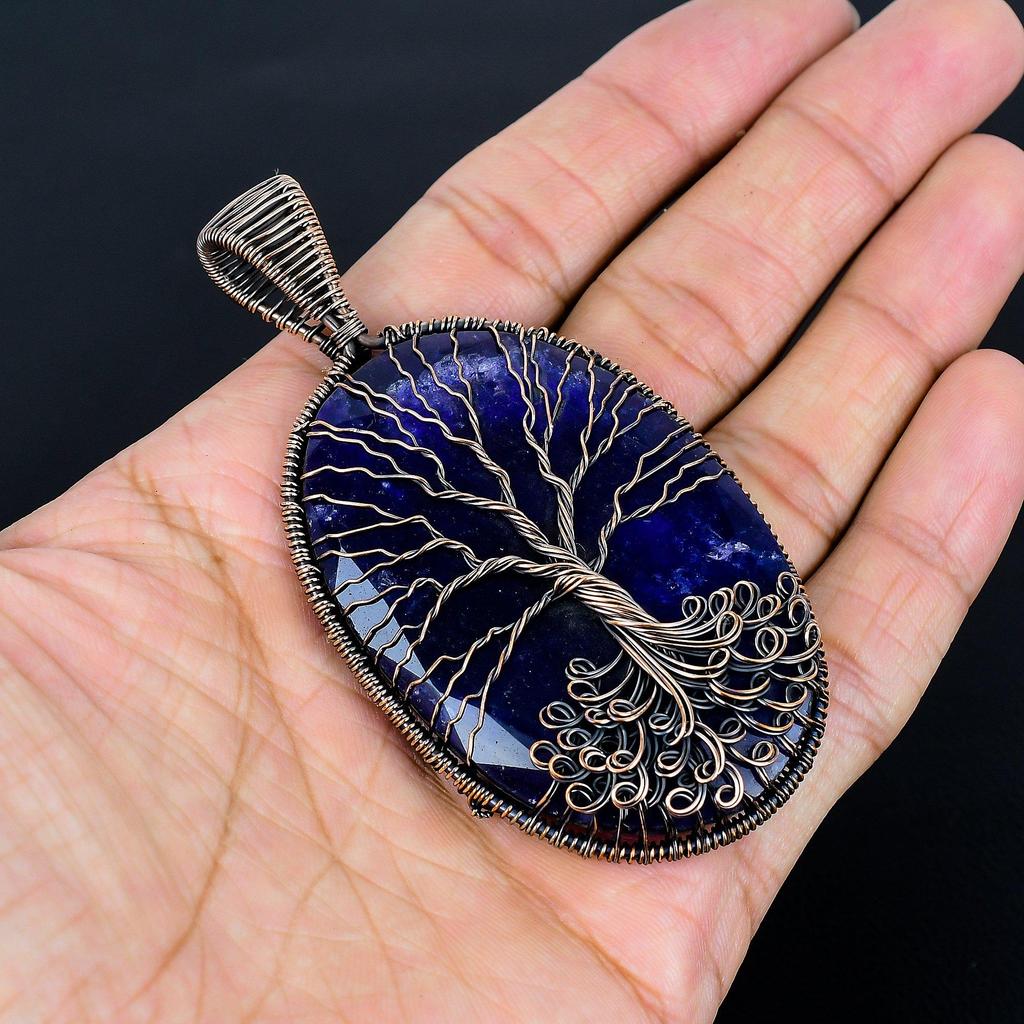 Tree Of Life Blue Sapphire Pendant, 999 Copper Wire Wrap Pendant Gemstone Jewelry, Handmade Pendant Amazing Jewelry, Gift For Her