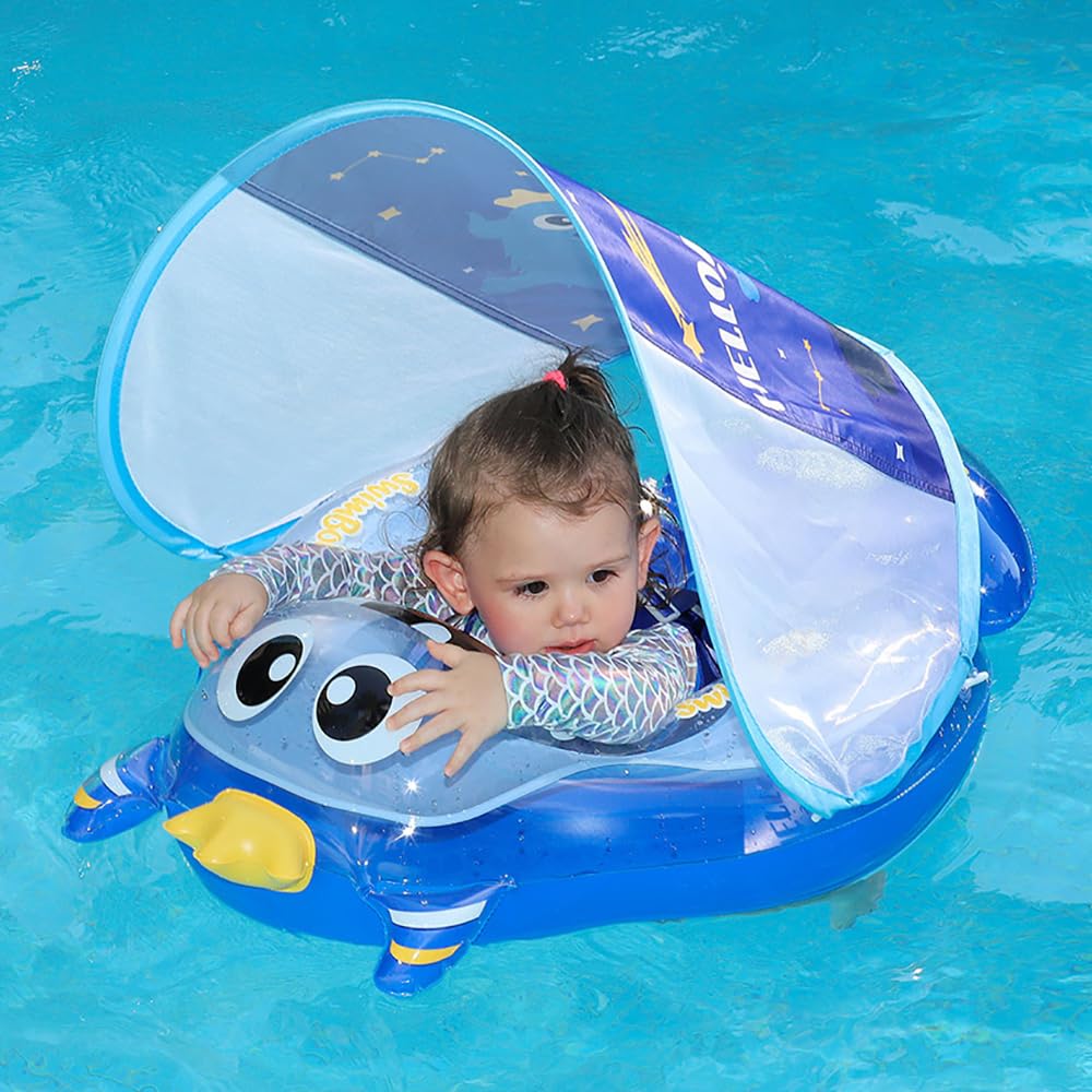 Baby Float with UV Removable Baby Summer Outdoor Summer Heat Protection Hand Pump Suitable for 3 Months 6 Years Old Children Roof, Foot-in Float,