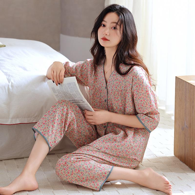 Pajamas women's summer woven pure cotton seven-quarter sleeve gauze cotton thin middle-aged mother spring and autumn loungewear suit