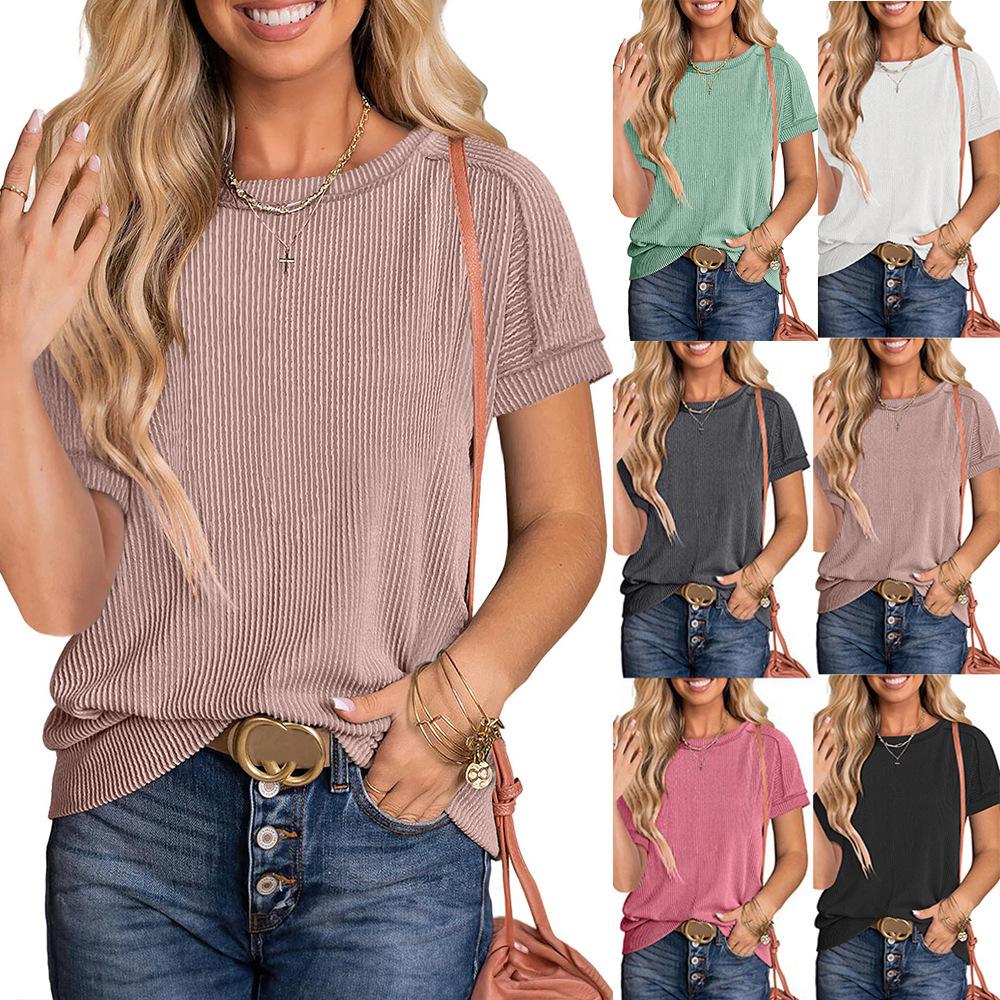 Women's Crew Neck Short Sleeve Ribbed Tunic Loose Casual Textured Knit Top For Spring Summer Daily Streetwear Outfit
