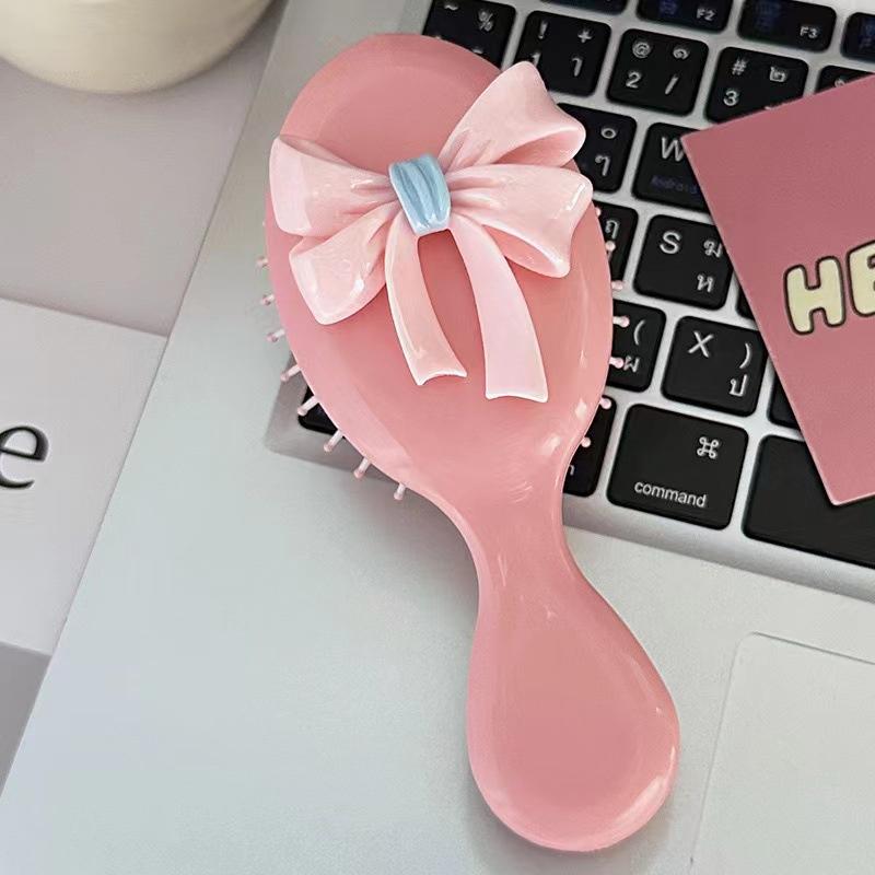 Pink Round Folding Comb With Mirror Portable Bow Decor Anti Static Pocket Hair Brush Cartoon Princess Style Handle Comb Girl