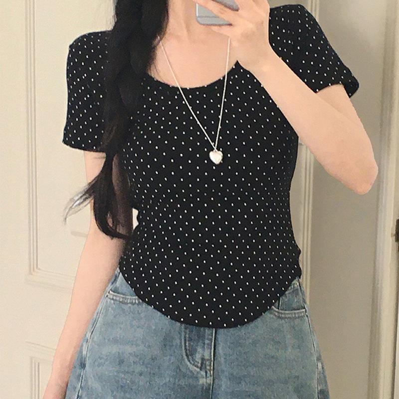Gentle Wind Polka Dot Printed Short-sleeved T-shirt Women's Summer Pure Desire Sweet Spice Girl Inner Bottoming Shirt Slim-fitting Short