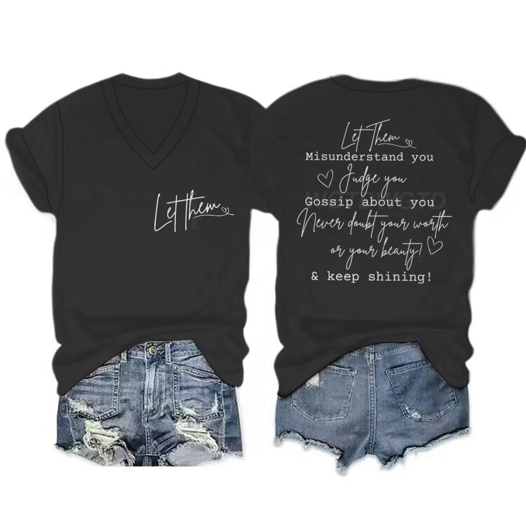 Let Them Letter Print Vneck Short Sleeve Soft Tee Inspirational Quotes Gift for Women Casual Positive Quotes Women Tshirts