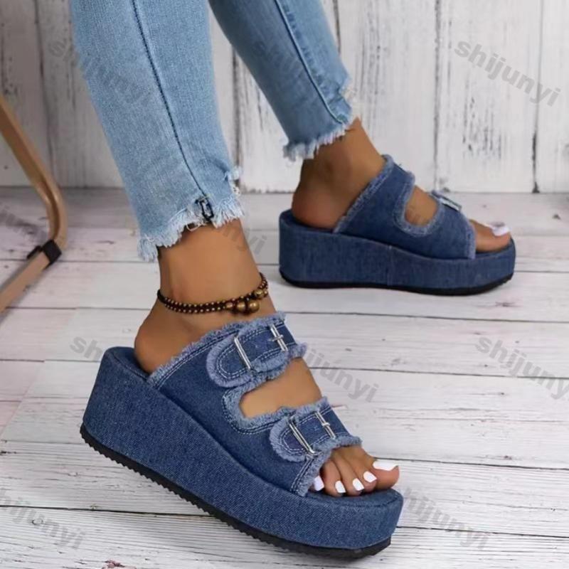 Fashion Women Denim Belt Buckle Wedge Heels Slippers Summer New Non Slip Thick Sole Beach Slippers Woman Fashion Buckle Platform Sandles