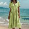 Women Summer Dress Button V Neck Short Sleeve Loose Fit Flowy Beach Sundress Ruffled A-line Swing Casual Midi Dress