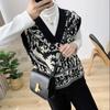 Retro Contrasting Totem Jacquard V-neck Knitted Vest Women's Black and White Patchwork Knitted Pullover Loose Casual Thin Sweater Autumn