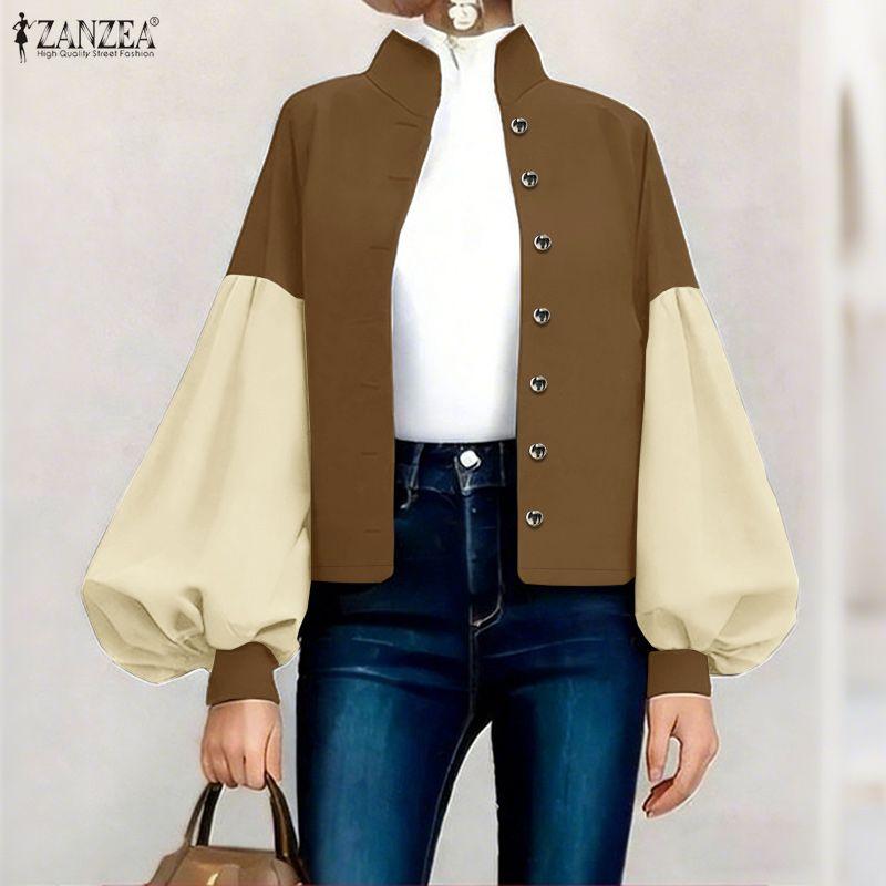 ZANZEA Women CasuaL Stand Collar Splice Puff Long Sleeve Blouse