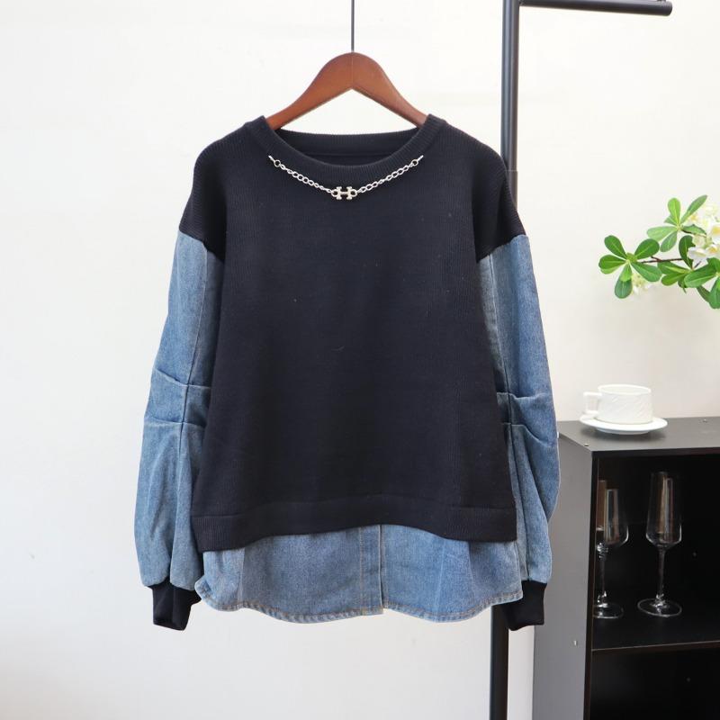 

Вязаный свитер из денима с нашивками, топ, осень-зима, новый дизайн, свободный, имитация двухслойного свитера, пуловер, женский One size чёрный