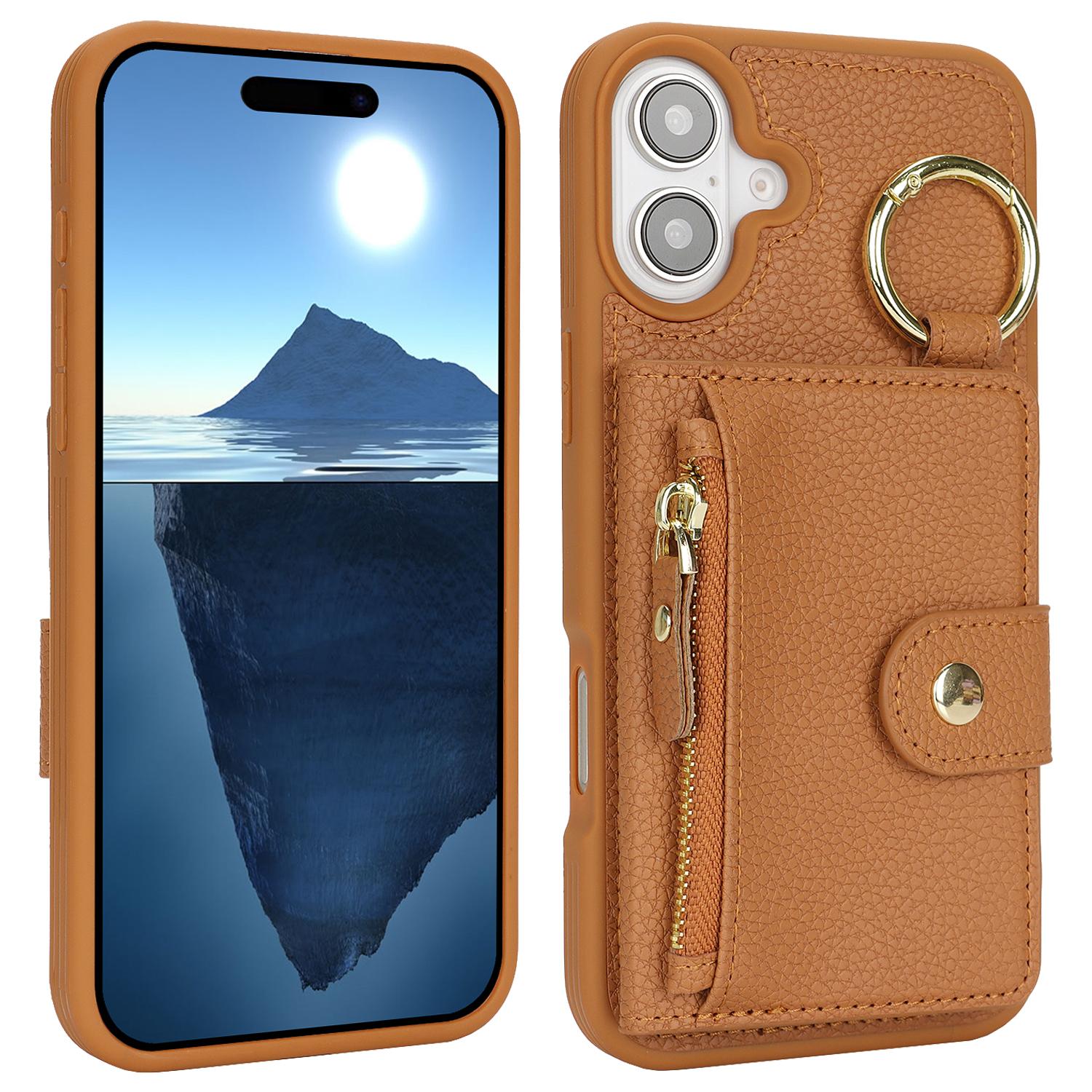 

For iPhone 16 Case Litchi Textured PU Leather+TPU Kickstand Phone Cover with Card Slot Brown