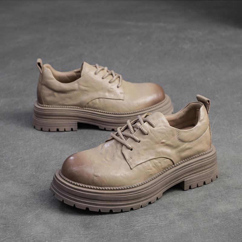 Johnature Vintage γνήσιο δέρμα βρετανικού στιλ Pumps Ευέλικτη χοντρή σόλα γυναικεία παπούτσια με κορδόνια