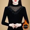 Chic Black Mesh Long-Sleeve Fleece-Lined Slim Shirt for Women