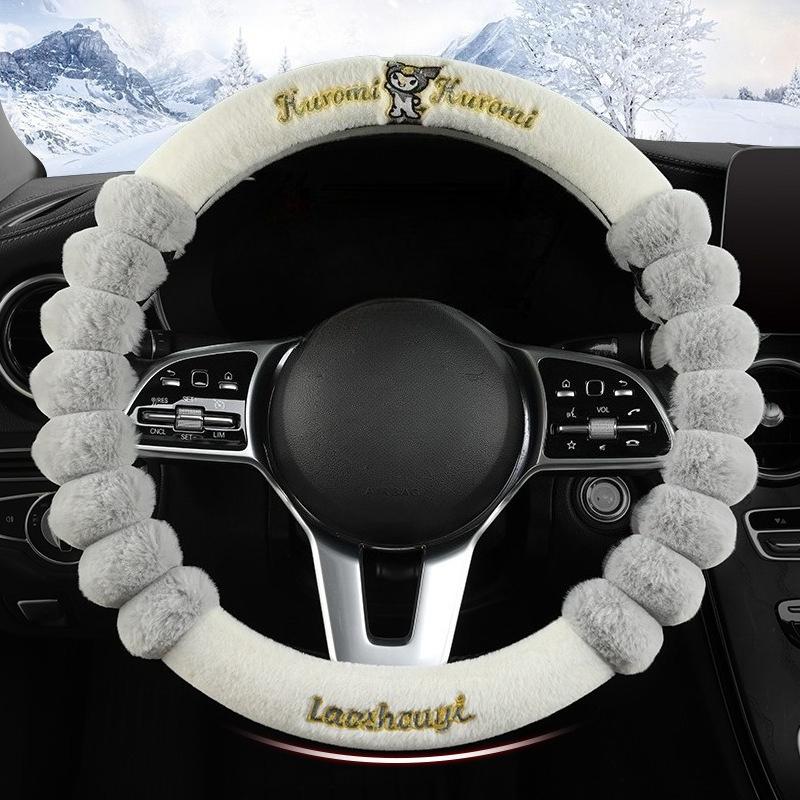 New Kuromi Winter Plush Rabbit Velvet Warm Steering Wheel Cover Soft Handle Cover for Men And Women Car Accessory