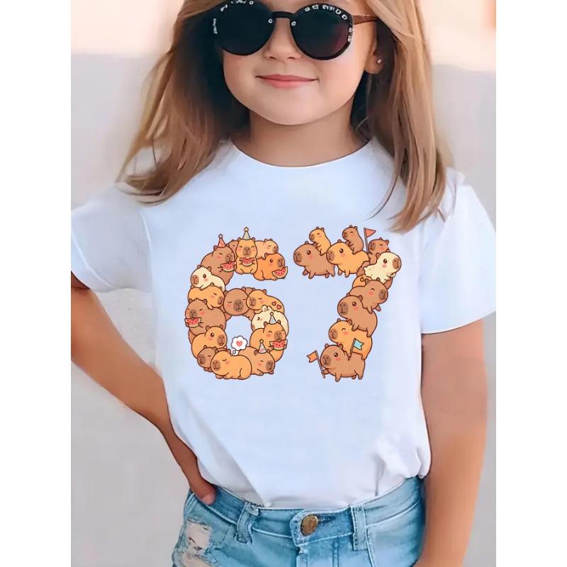 European sizes Fashion Girls  Short-Sleeved T-Shirt  67 Composed of Capybaras  Cartoon Pattern Print Top Casual Versatile 110 белый
