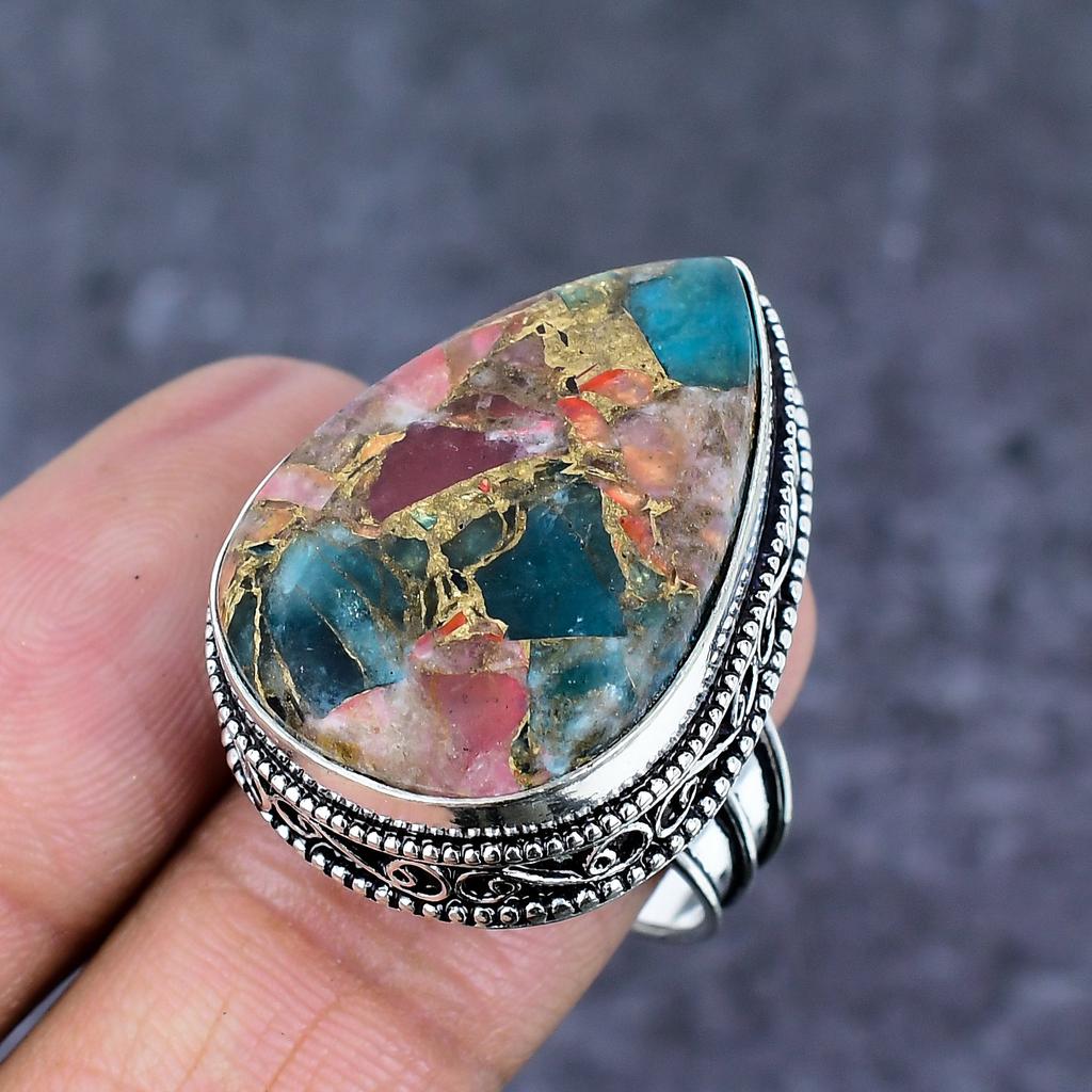 Natural Watermelon Tourmaline 925 Sterling Silver Jewelry Ring Size 9 ET-4811