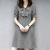 ZANZEA Women Bows Collar Summer Casual Short Sleeve Grid Print Dress