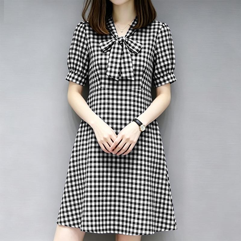 

ZANZEA Women Bows Collar Summer Casual Short Sleeve Grid Print Dress L чёрный