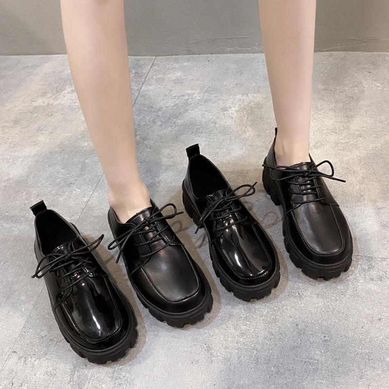 Small leather shoes autumn new lace-up black platform muffin single shoes women