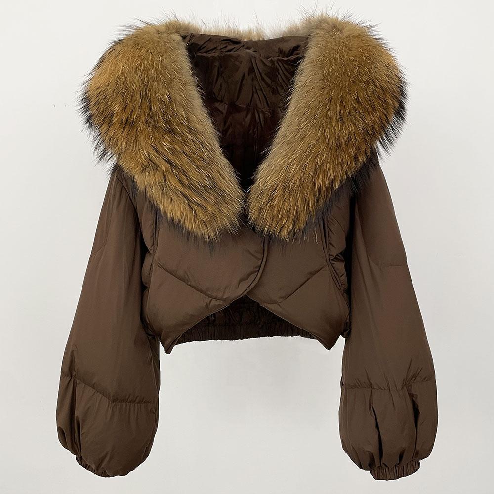 OFTBUY Jachetă de lux îngroșată și caldă de puf, la modă de iarnă, 90% puf de rață alb, haină scurtă pentru femei, cu guler de blană supradimensionat