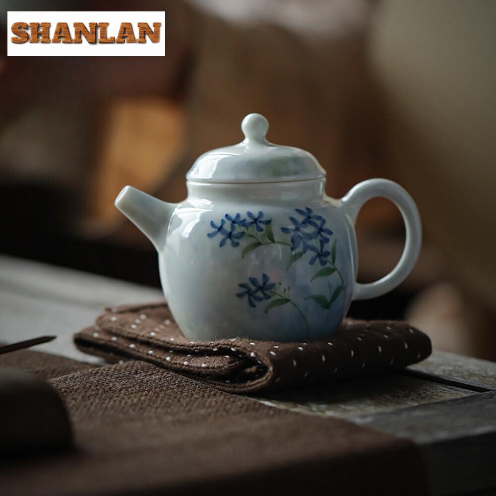 90ml Hand-painted Blue Magnolia Teapot Household Small Size Teapot Retro Pot Tea Brewing Kettle Tea Services Supplies Collection