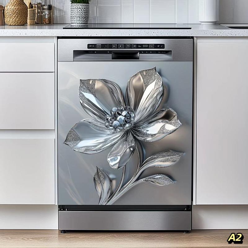 Silvery Floral Decal Kitchen Fridge Dishwasher Sticker Self-Adhesive Removable Wall Decals Home Decor