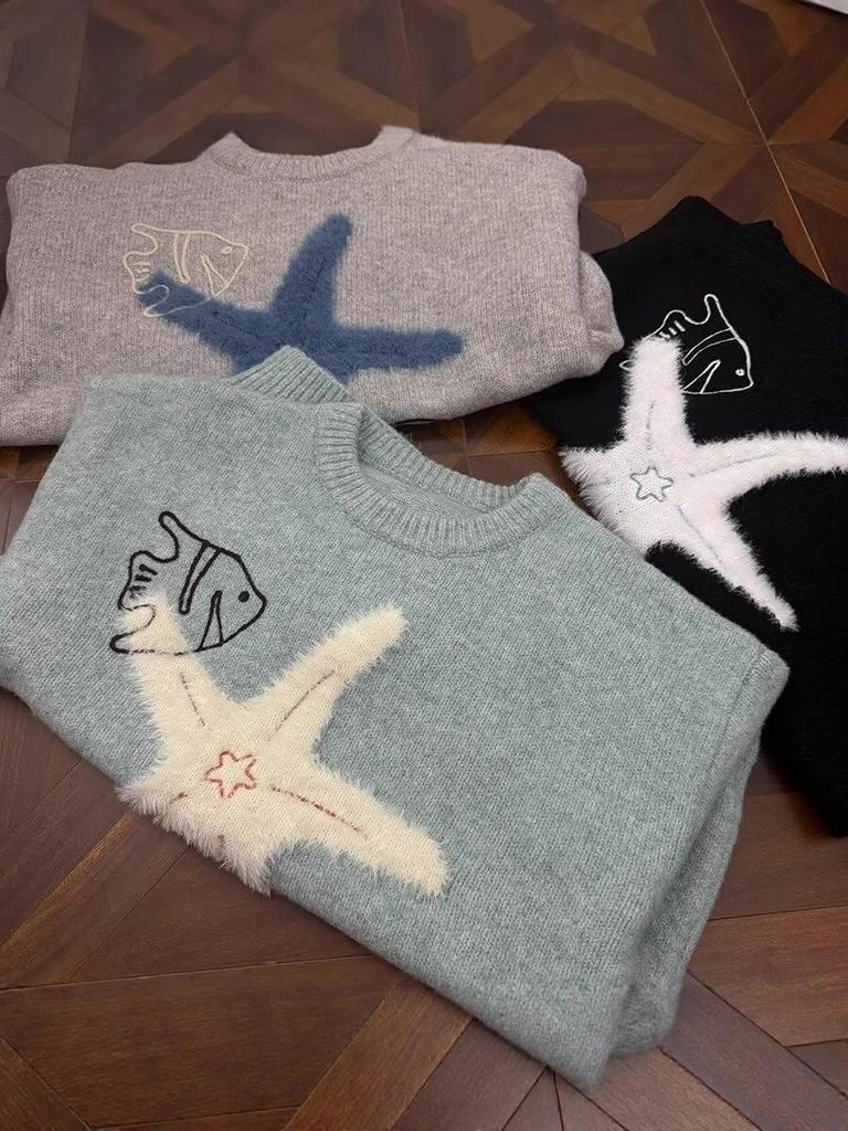 Unisex Korean Lazy Star Embroidered Round Neck Sweater - Casual Autumn/Winter Knit Top