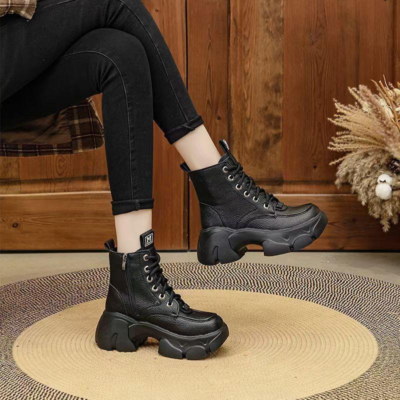 Dámské boty Martin z pravé měkké kůže 2025 nové podzimní jednoboty boty v britském stylu dámské zimní teplé bavlněné boty na silné podrážce dámské