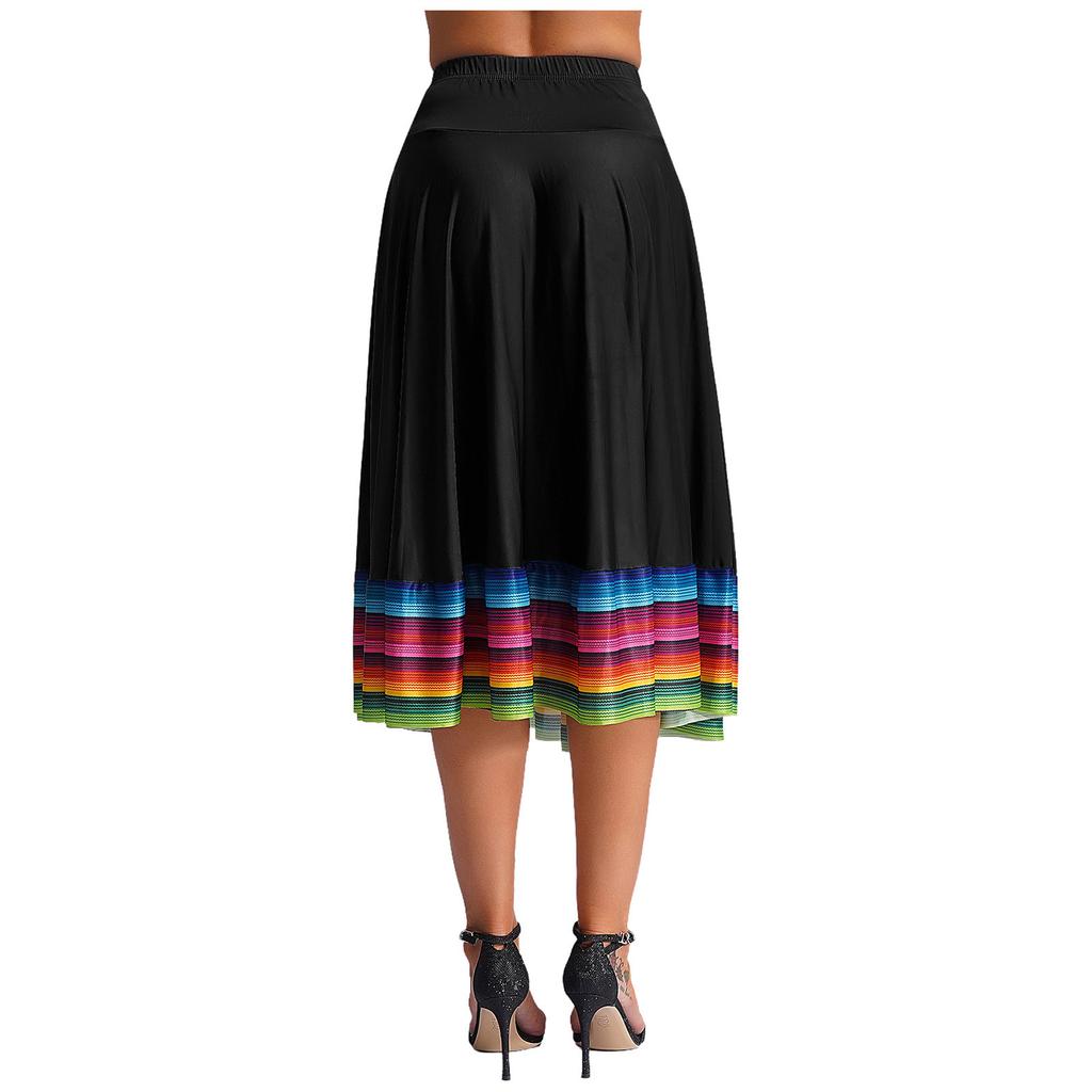 Womens Flamenco Dance Skirt Colorful Stripe Hem Elastic Waistband Folk Dancing Stage Performance Costume