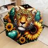 Automatic Open/Close Folding Umbrella with Leopard & Sunflower Design - Portable Compact Travel Umbrella, 8-Rib Sturdy Frame,