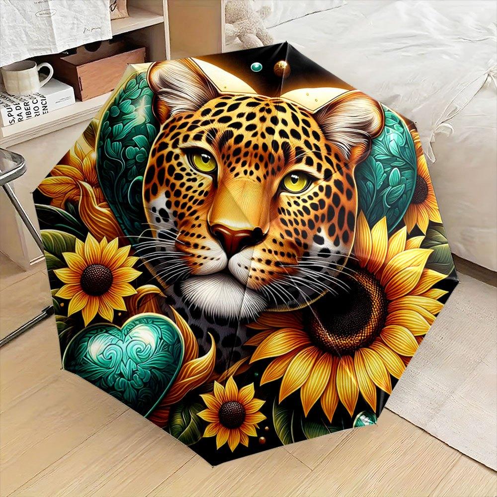 

Automatic Open/Close Folding Umbrella with Leopard & Sunflower Design - Portable Compact Travel Umbrella, 8-Rib Sturdy Frame, (as the picture,Iron&8K)