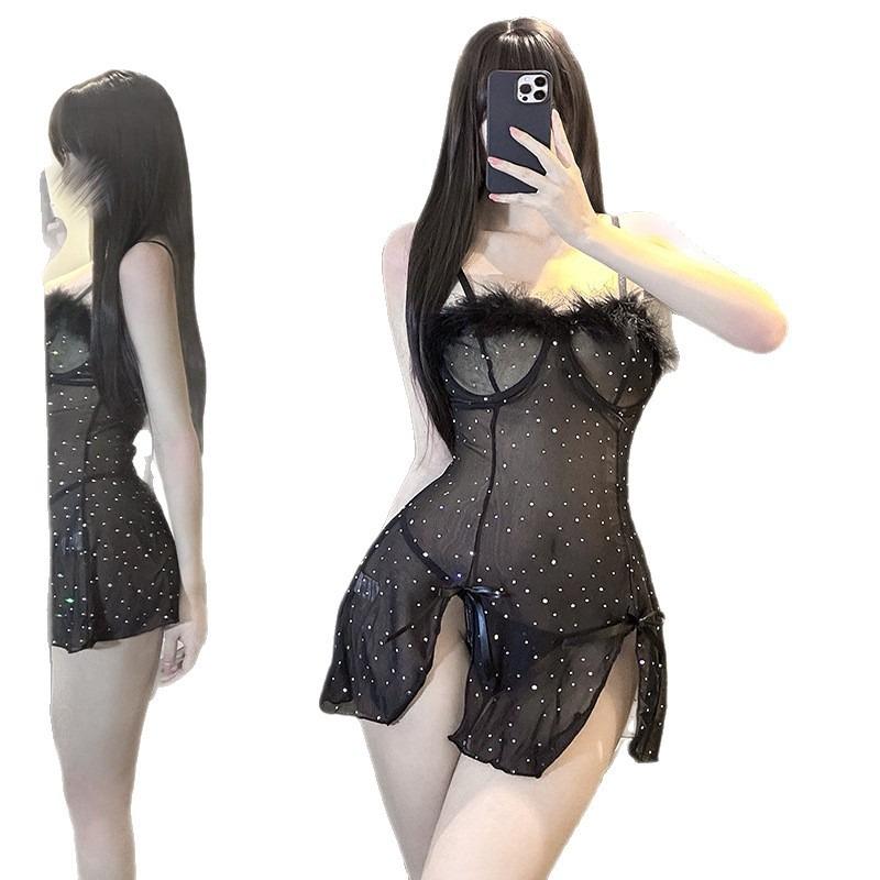 New sex underwear, sexy rough edge flash diamond split skirt, perspective suspender skirt, pure desire temptation nightdress