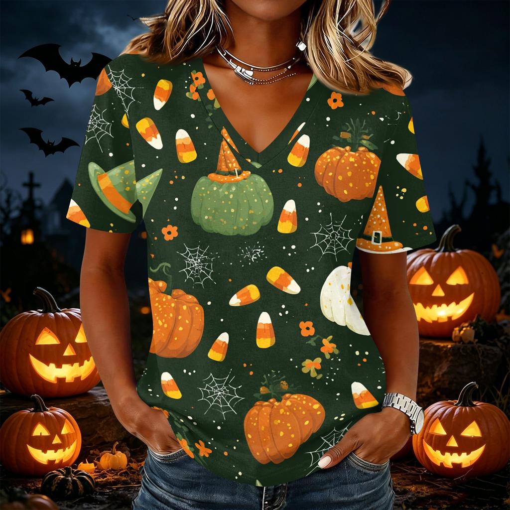 Womens Casual Short Sleeve Pullover Top V Neck Halloween Pumpkin Print Shirt Lightweight Comfortable Fit
