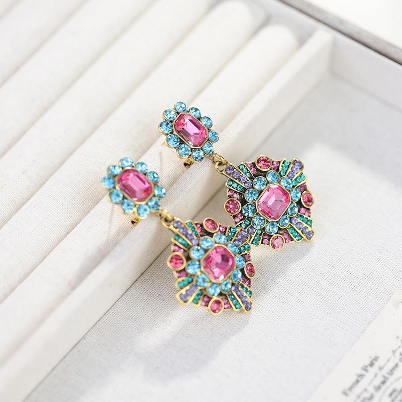 Colorful Geometric Zircon Long Earrings For Women, Sand Plated Vintage High-End Jewelry Gift