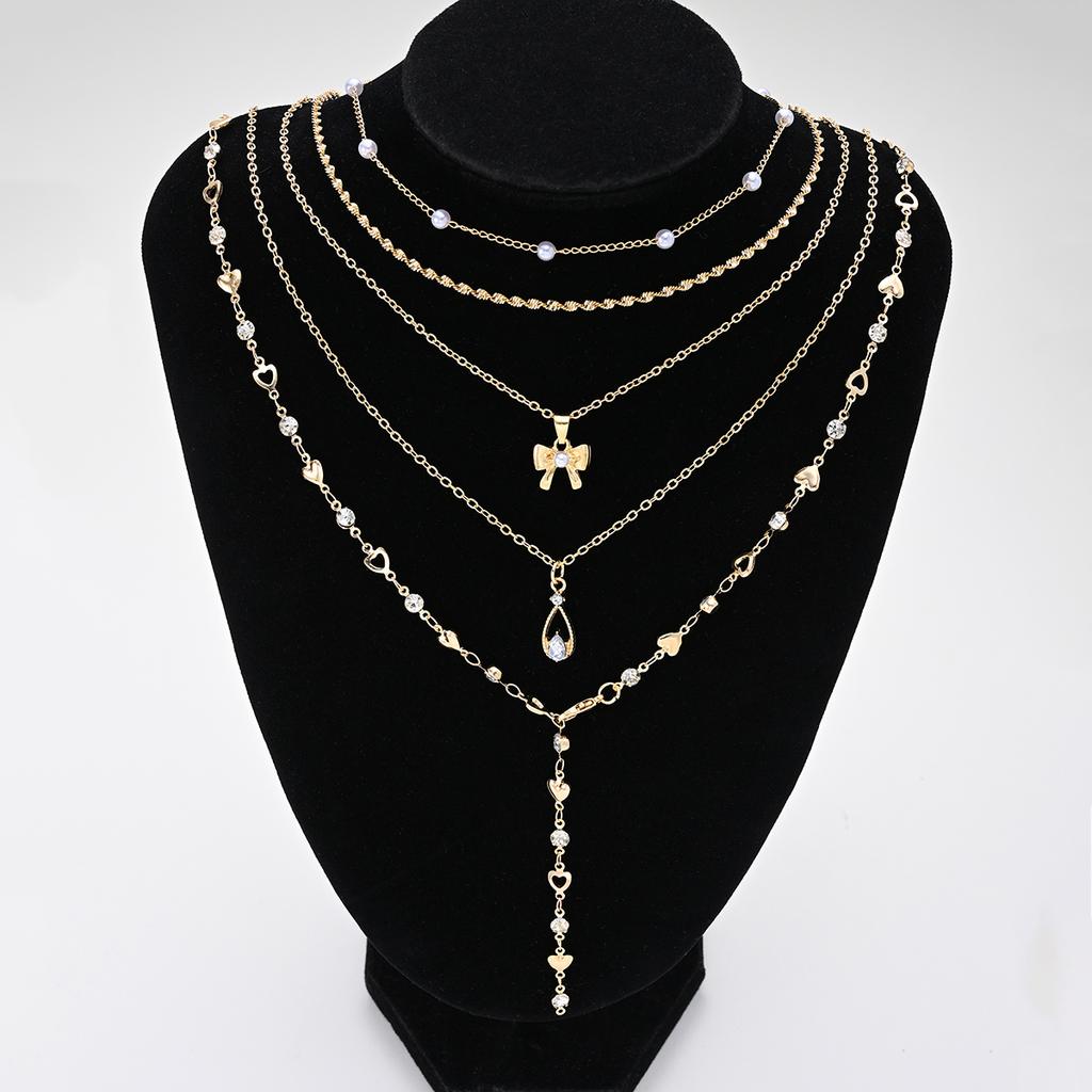 Boho Gold Color Multi-Layer Necklace Set for Women Fashion Zircon Bow Knot Water Drop Heart Pendant Necklaces Jewelry