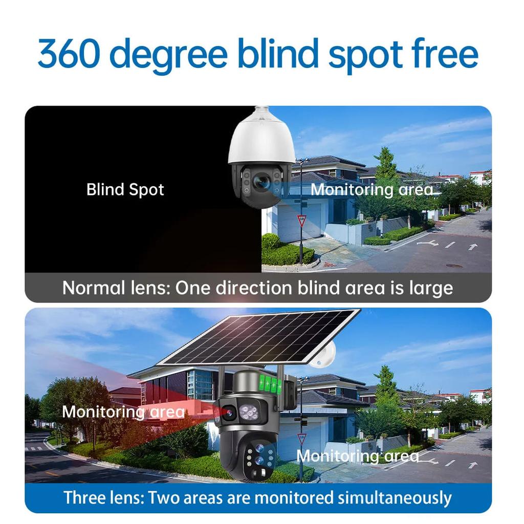 Solarbetriebene Überwachungskamera für den Außenbereich, WiFi, 6K, kabellos, 10-facher Zoom, drei Objektive, 12MP, 360°-Kameras, automatisches Tracking, CCTV-IP-Sicherheitskamera V380