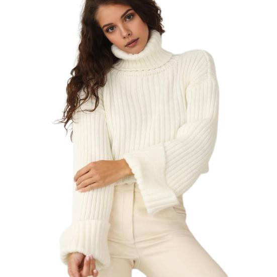 Women Sweater High Collar Flared Long Sleeve Short Knitting Tops Solid Color Loose Fit Ribbed Casual Knitwear