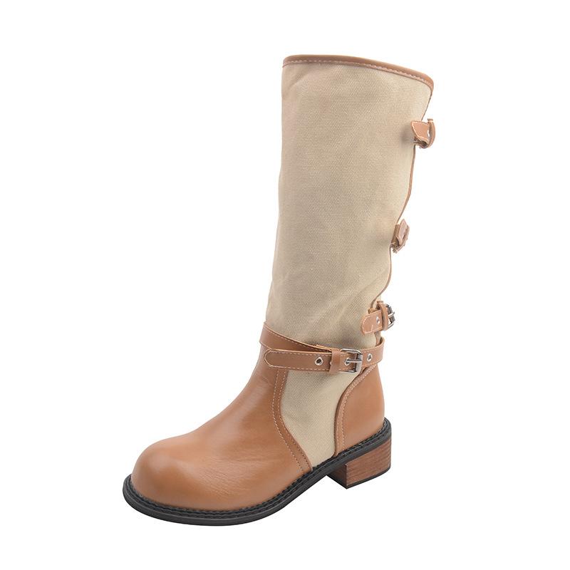 Retro splicing long tube stacking boots women's autumn new belt buckle knight boots thick heel tall cowboy boots