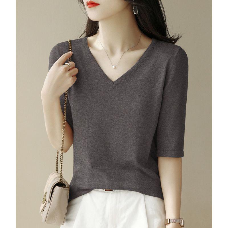 

Классная трикотажная футболка с фиолетовыми плечами, V-образным вырезом и рукавами до локтя Flower Brown 2XL