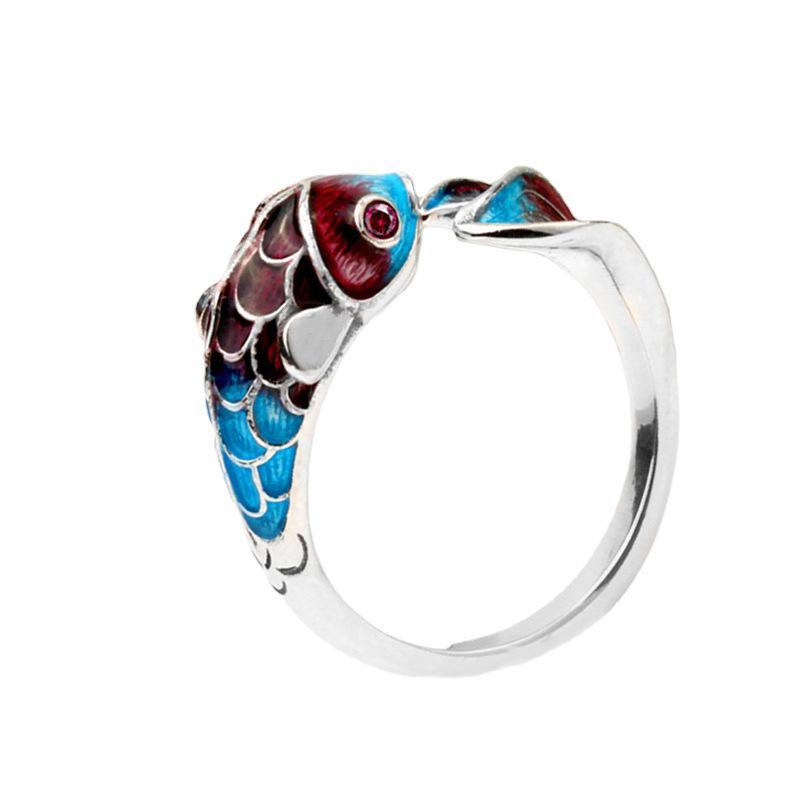 Koi Ring: Adjustable Electroplated White Gold with Colorful Style, Symbolizing Fish Leaping Over the Dragon Gate for Good Luck.