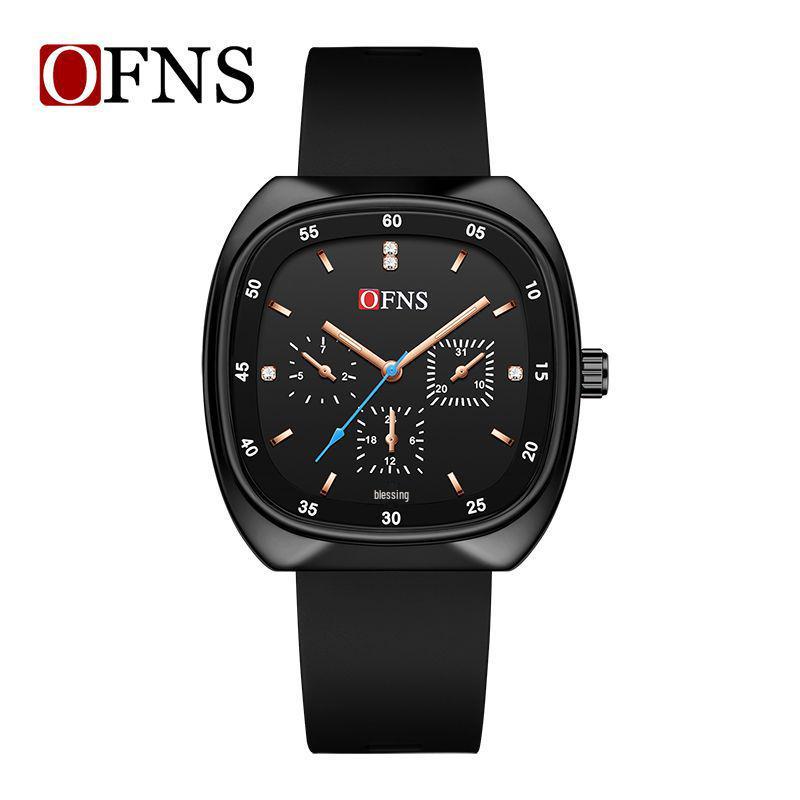 OFNS Square Quartz Watch: Fashionable Three-Eye, Six-Hand Design with Diamond Inlay - Steel Band for Men and Women.