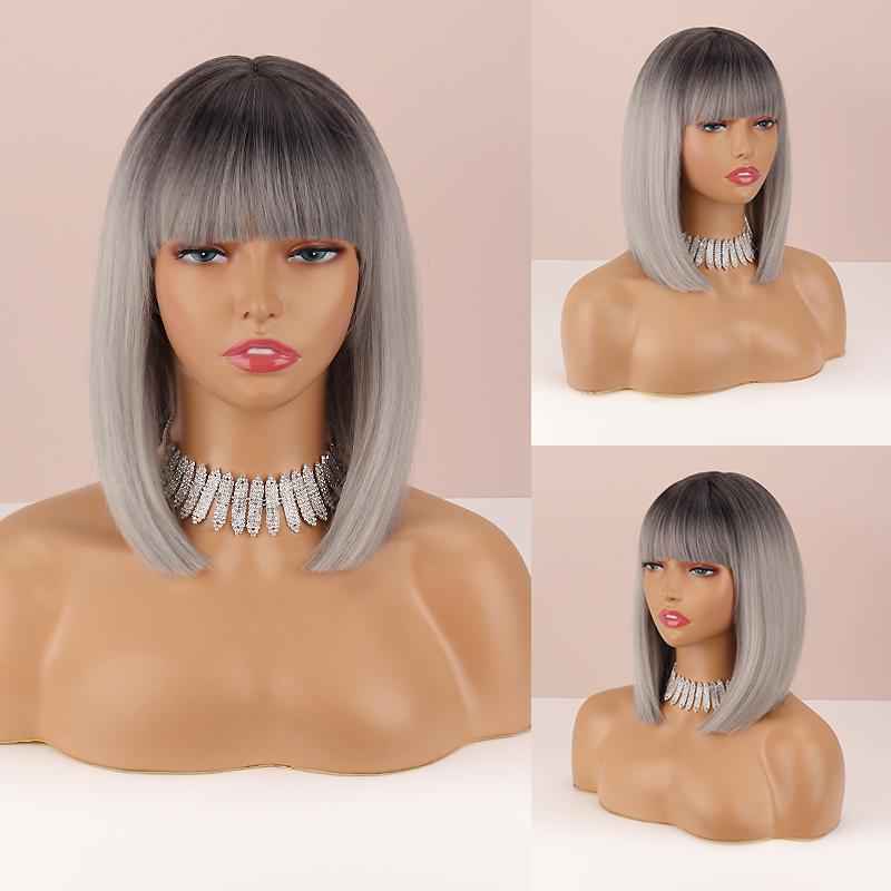 MERISIHAIR Ombre Grey Color Women Fashion Shoulder Length Natural Straight Bob Wig with Bangs Daily Wear Cosplay Synthetic Wig