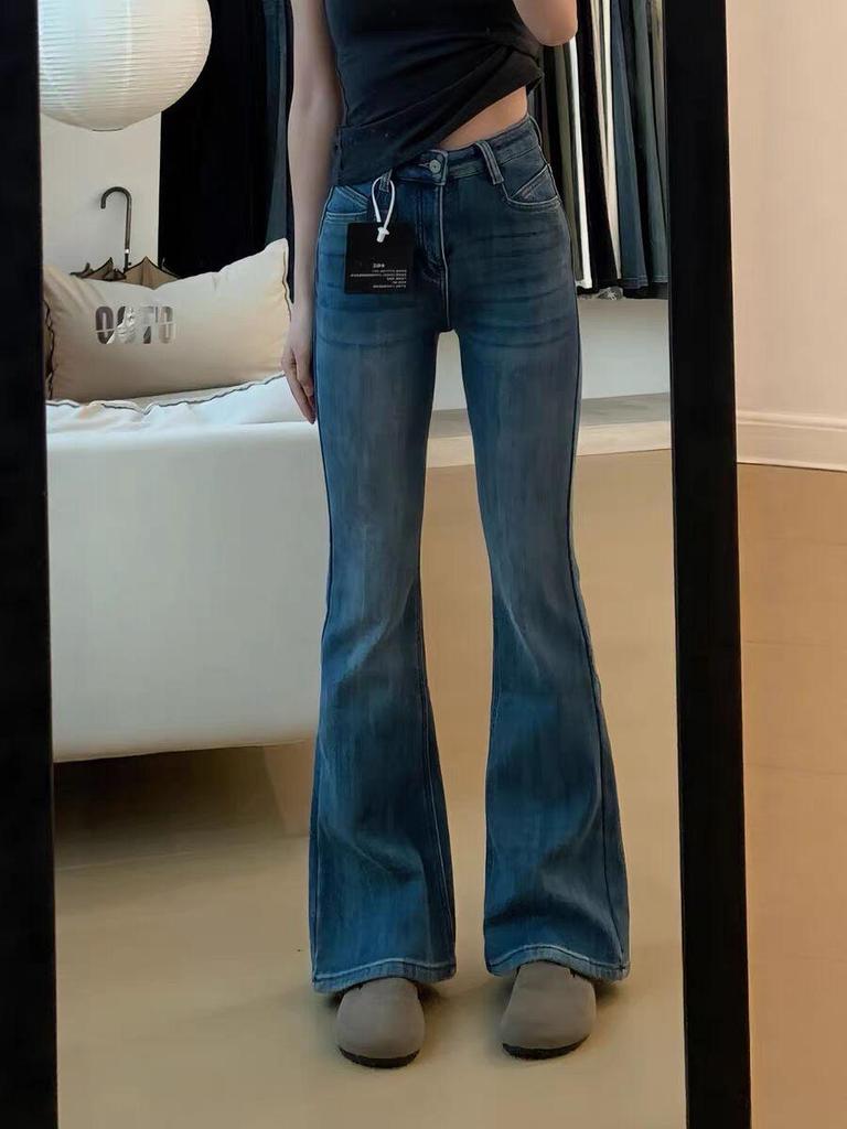 Women's High-Waist Blue Micro-Flare Elastic Jeans - Plus Velvet, Thickened, Large Size, Slim Fit, Winter Style.