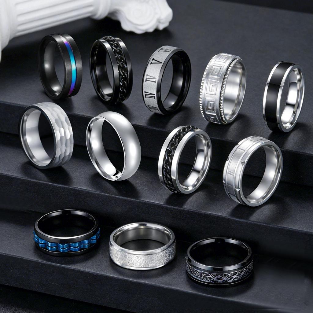 12-Piece Rotating Fidget Chain Ring Set In Stainless Steel