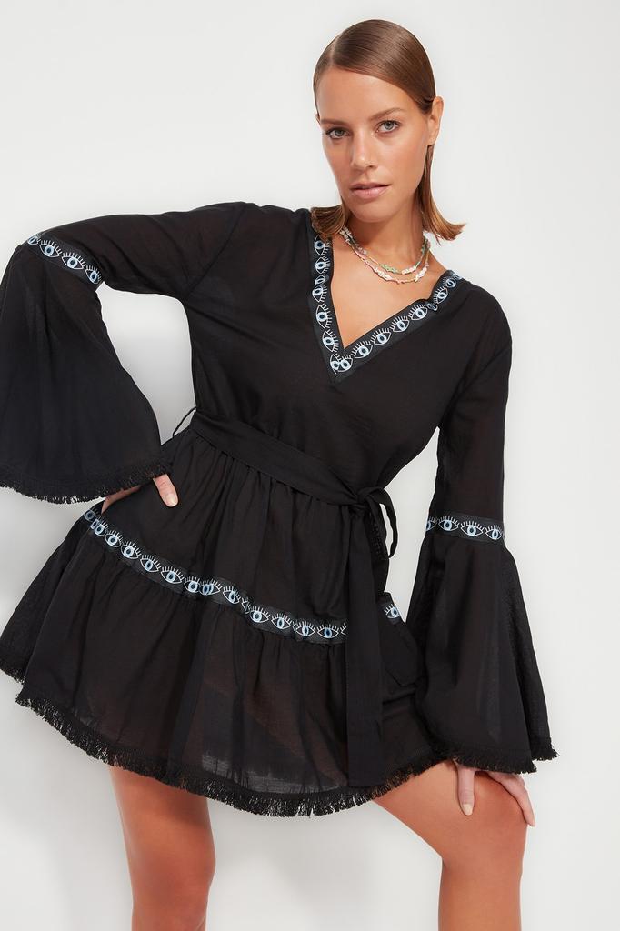 Women's Fashion New Dress Orange Belted Mini Woven Flounce Beach Dress