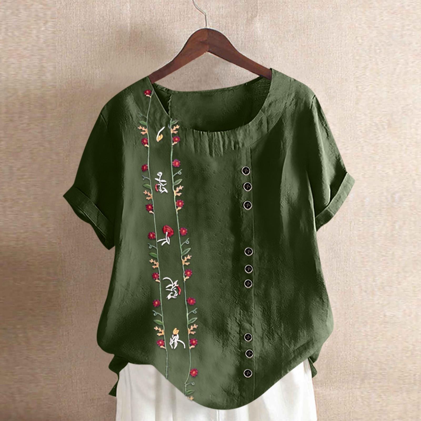 

Women s Fashion Casual Retro Cotton And Linen Embroidery Loose Short Sleeve Casual Shirt L армія зелений колір