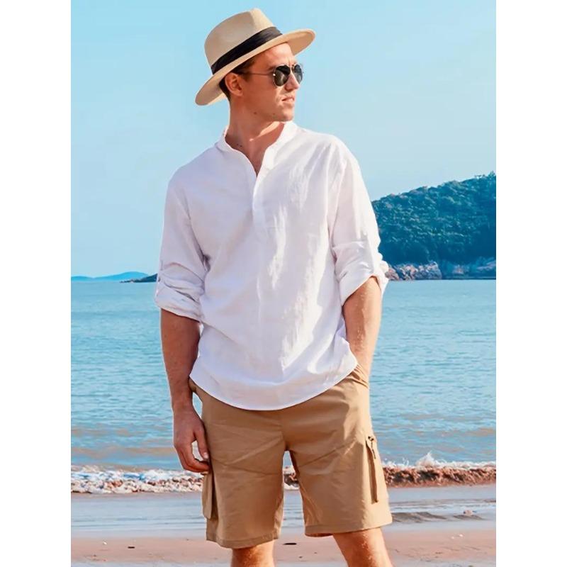 Men's Linen Long Sleeve T-shirt Loose Undershirt Solid Color Long Sleeve Cotton Linen Shirt Men