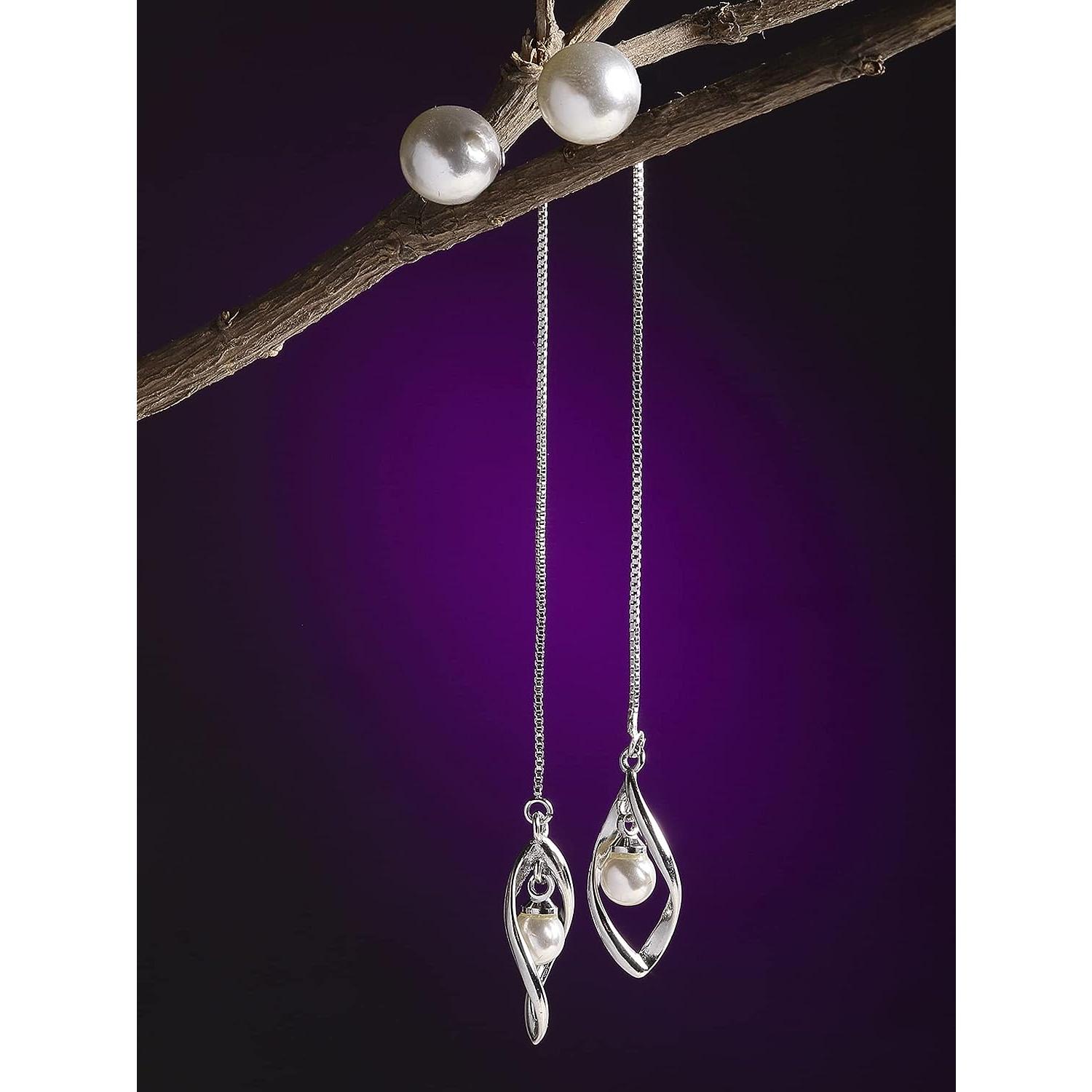 Серьги падения жемчуга серебряного цвета цепи листа имитированные длинные для женщин — фото 8