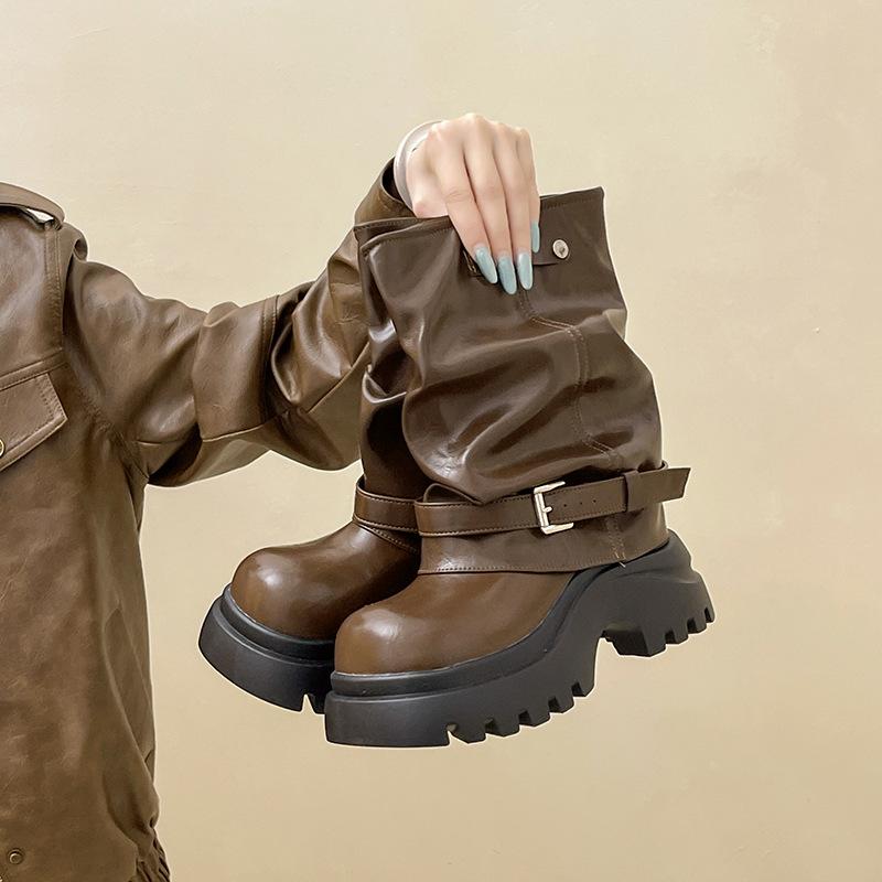 

Western cowboy boots retro big tube circumference thin pleated women s stacking boots autumn and winter design sense fashion buckle leather boots 40 коричневый