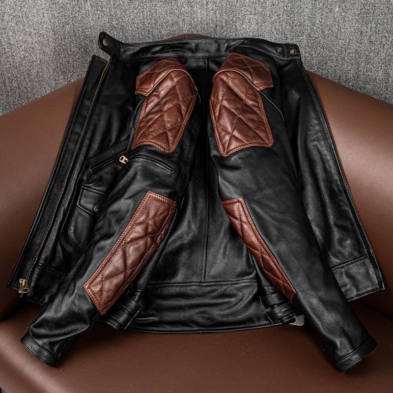 Genuine Leather Jacket Men Real Cowhide Biker Motorcycle Riding Coat with Armor Pads Winter Outerwear